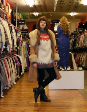 Womens Vintage Coats-Delia wearing 1970's suede fur trim coat