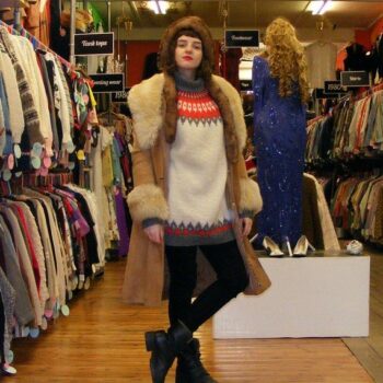 Womens Vintage Coats-Delia wearing 1970's suede fur trim coat