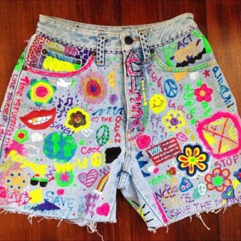 90s customised jean shorts with slogans and logos