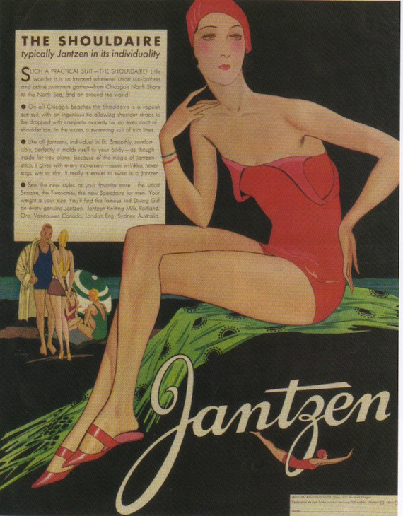 1930s fashion publicity ilustration, The Jantzen Shouldaire swimsuit, for tanning without lines. 1930s fashion publicity ilustration, The Jantzen Shouldaire swimsuit, for tanning without lines.