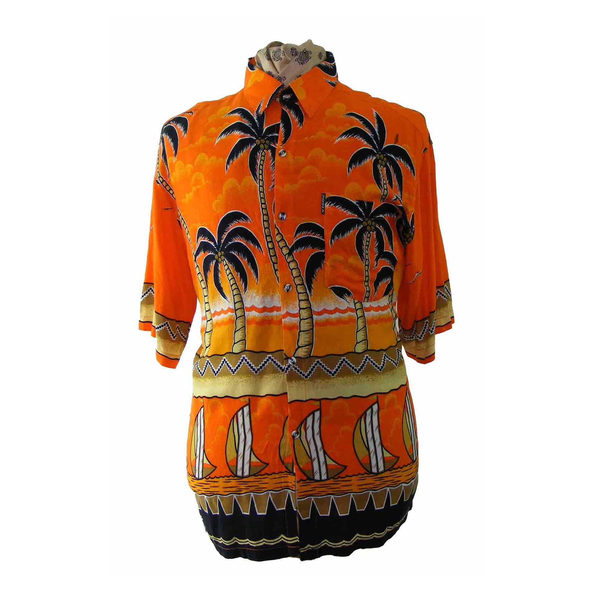 90s Hawaiian Orange Black Print shirt
