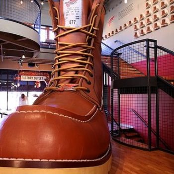 What are the best vintage workwear brands. Red Wing factory outlet with the Largest Boot in the world on display, Minnesota, USA