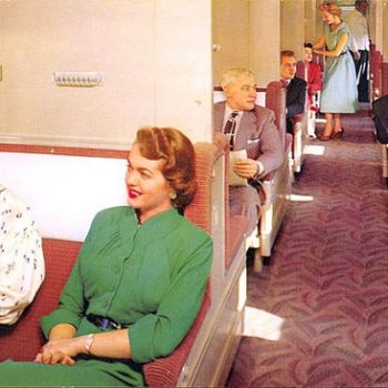 1950s Womens Workwear, Two Women seated in Union Pacific Railroad Pullman car, circa 1950s, Union Pacific Pullman car circa 1950s