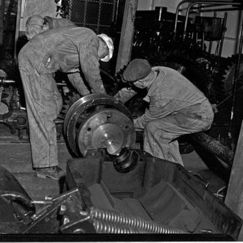 vintage mens workwear collection, workers on the Fremont Bridge, Seattle, USA, 1951