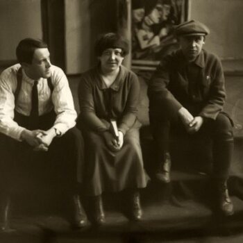 Director Vitaly Zhemchuzhny Varvara Stepanova and Alexander Rodchenko during rehersal of the performance, 1924