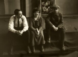 Director Vitaly Zhemchuzhny Varvara Stepanova and Alexander Rodchenko during rehersal of the performance, 1924