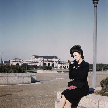 Fashion in the 40s - Woman applying lipstick near Union Station , Washington, D.C. 1943.