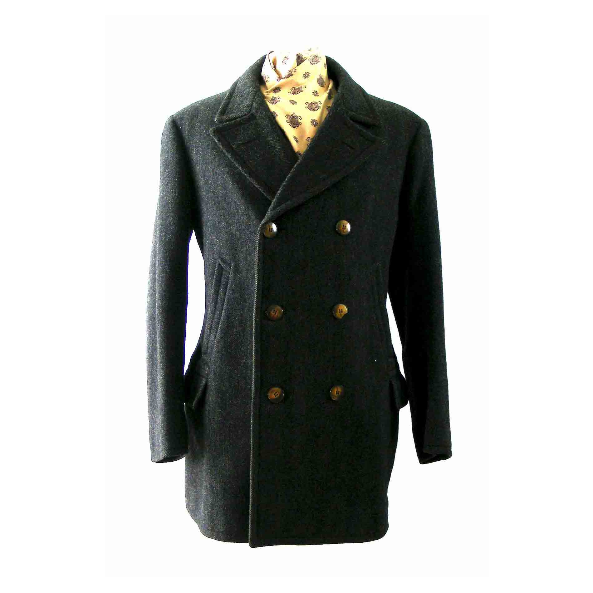 40s Mens Grey Herringbone Pea Coat - Blue 17 Vintage Clothing