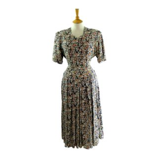 80s Flower Print Dress - Blue 17 Vintage Clothing