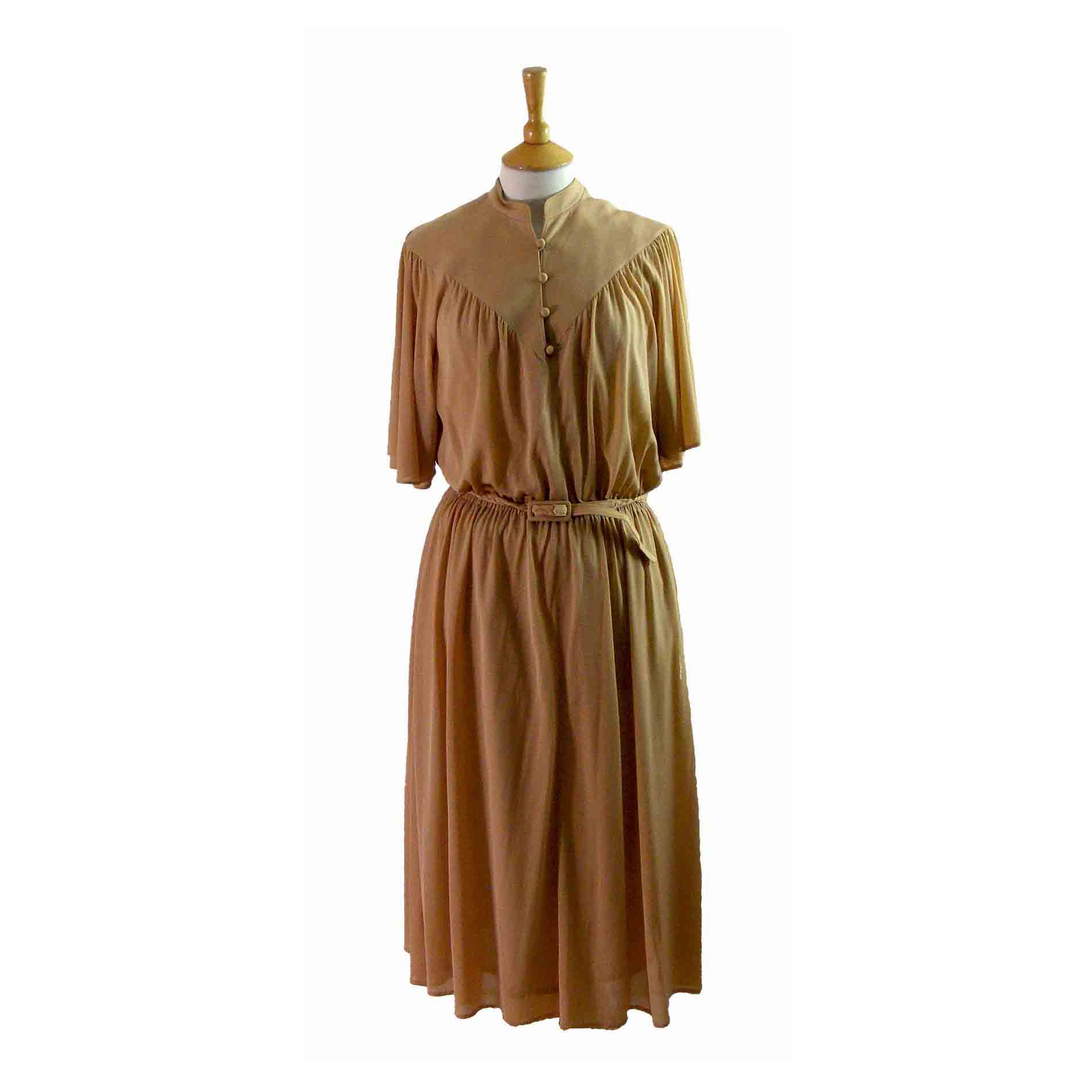 80s Light Brown Pleated Dress - 12 - Blue 17 Vintage Clothing