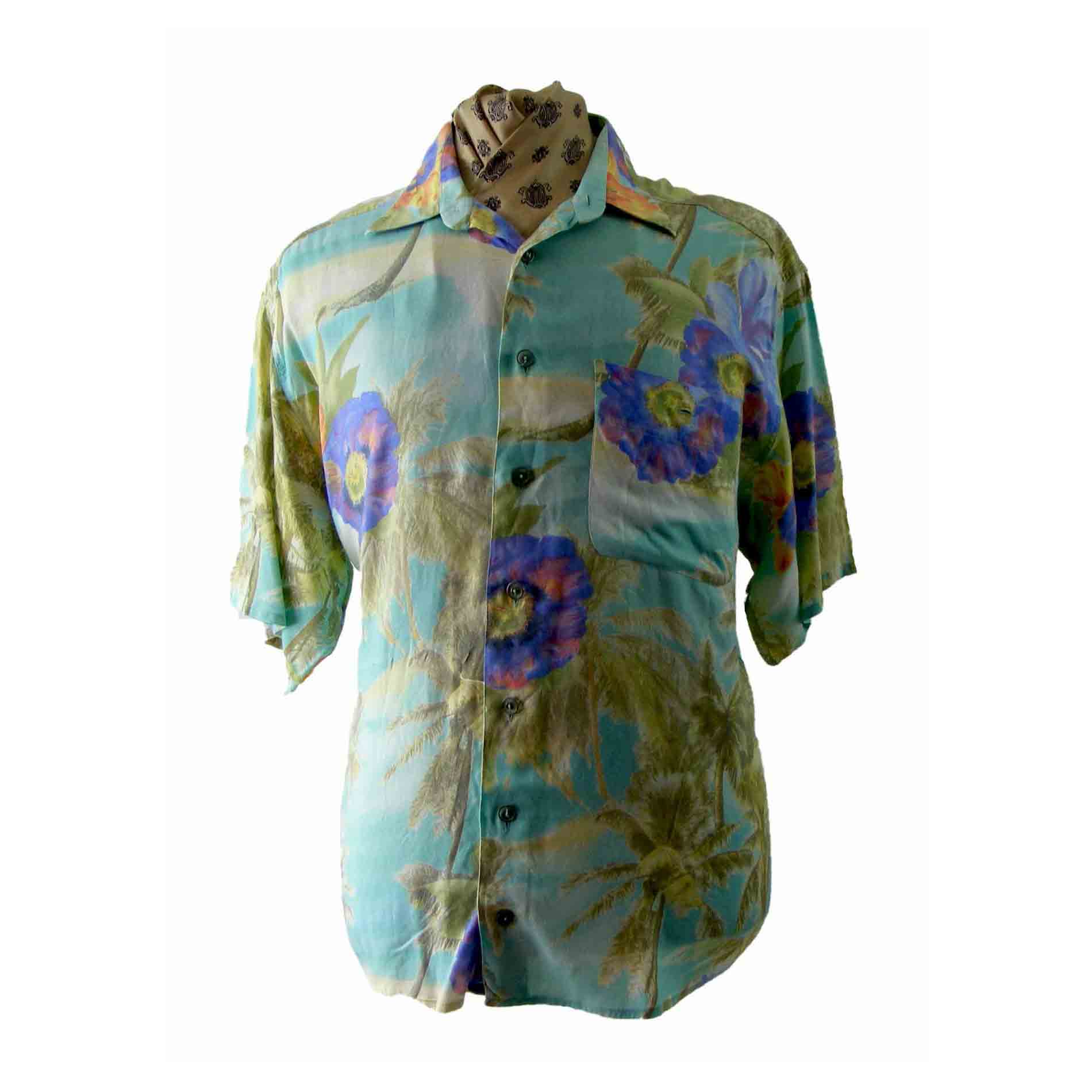 90s Hawaiian Green Yellow Blue shirt - Blue 17 Vintage Clothing