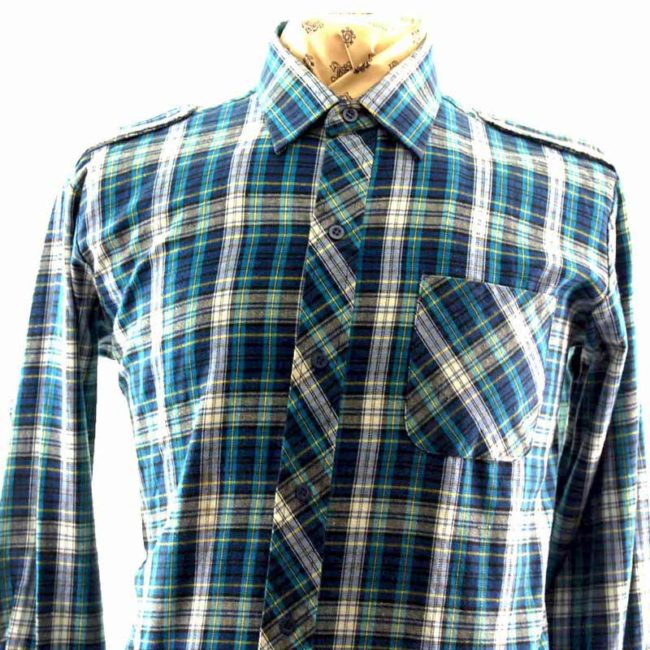 Plaid Flannel Shirt With Epaulets - Blue 17 Vintage Clothing