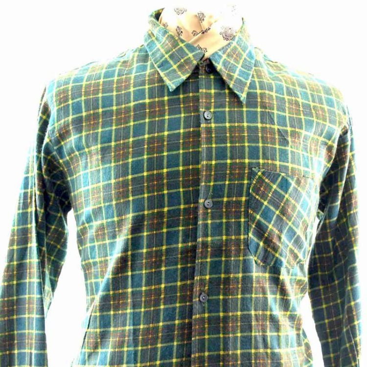 90s Mens Yellow Green Flannel Shirt - M - Blue 17 Vintage Clothing