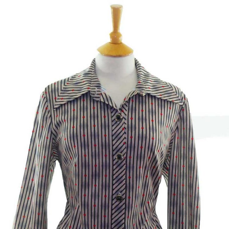 70s Pinstripe Blouse - UK 14 - Blue 17 Vintage Clothing