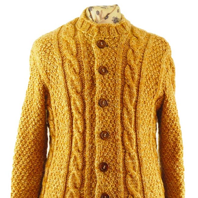 close up of front of Yellow Vintage Cableknit Cardigan