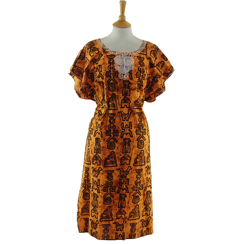 Loose Fit Egyptian Print MuuMuu Dress - UK 14 - Blue 17 Vintage Clothing
