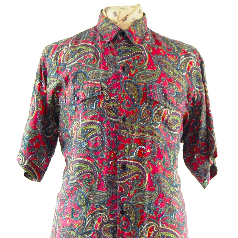 80s Red Paisley Vintage Silk Shirt - UK XL - Blue 17 Vintage Clothing