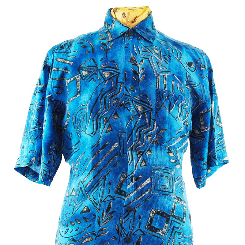 90s Blue Tribal Symbol Silk Shirt - UK XL - Blue 17 Vintage Clothing