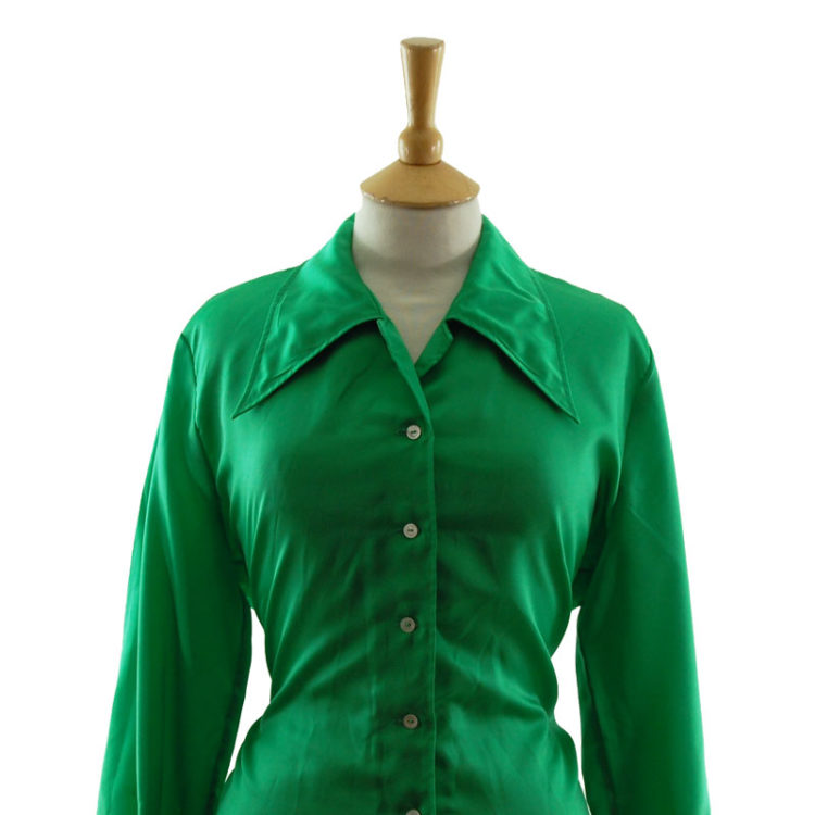 70s Emerald Green Satin Blouse - 12 - Blue 17 Vintage Clothing