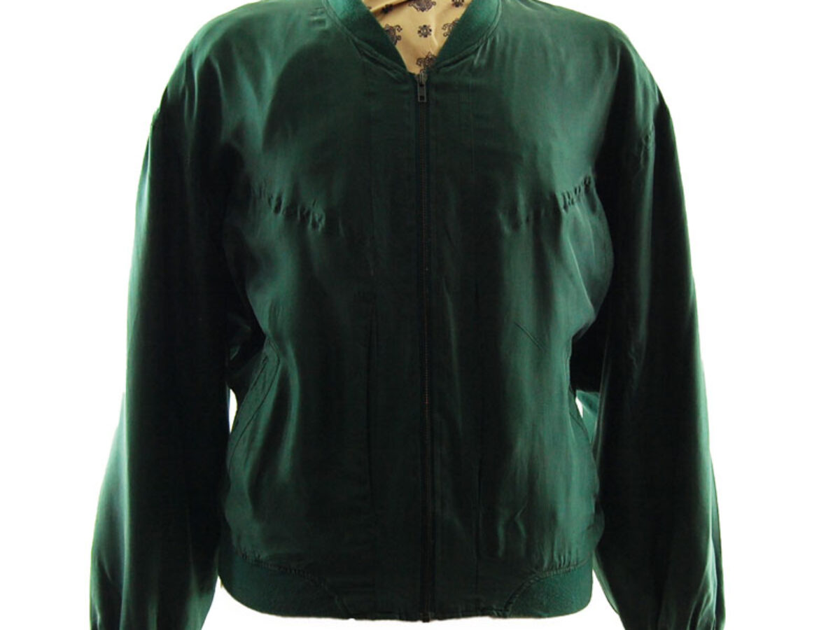 Forest Green Silk Bomber Jacket - UK M - Blue 17 Vintage Clothing