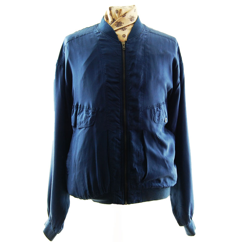 Navy Blue Silk Bomber Jacket - UK M - Blue 17 Vintage Clothing