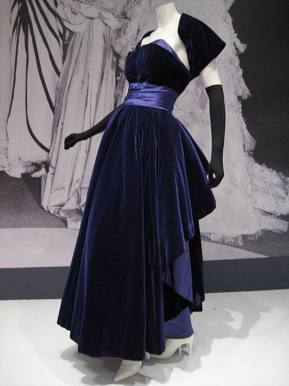 Dark blue, silk velvet and silk satin Christian Dior ballgown with matching shrug, at the Indianapolis Museum of Art, 1957