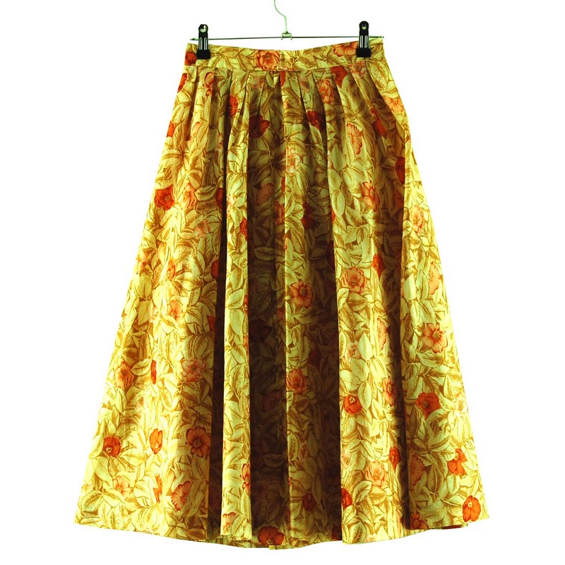 Brown Floral Silk Midi Skirt - UK 6 Blue 17 Vintage Clothing