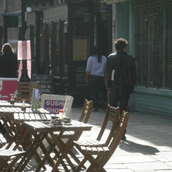 Street view, shops on Camden Passage, Islington, London, N1