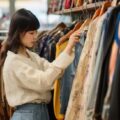 Fashionable young Japanese woman examining a vintage clothing item in a thrift store