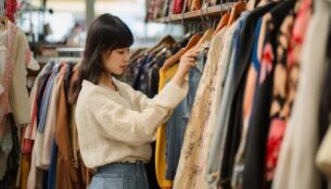 Fashionable young Japanese woman examining a vintage clothing item in a thrift store