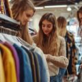 A group of young people enjoying a thrift shopping experience together, browsing through racks of unique clothing items and vintage accessories. The image captures the growing popularity of thrift shops among younger generations who value sustainability, affordability, and individuality in their fashion choices.