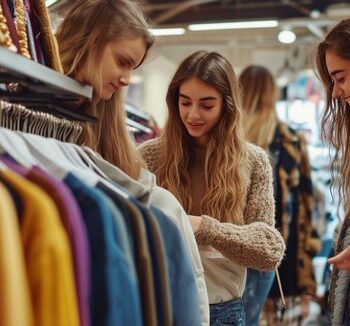 A group of young people enjoying a thrift shopping experience together, browsing through racks of unique clothing items and vintage accessories. The image captures the growing popularity of thrift shops among younger generations who value sustainability, affordability, and individuality in their fashion choices.