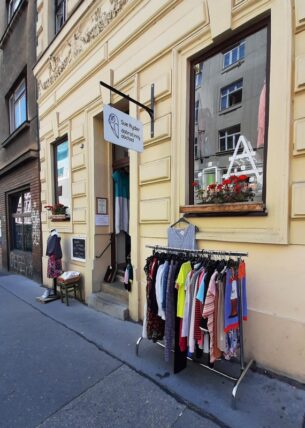 How can clothes be recycled, Sue Ryder charity shop in Prague