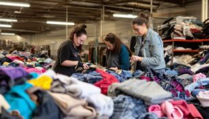 What cleaning processes do thrift stores use on donated clothes - Thrift store staff members sorting through piles of donated clothes, inspecting each item for quality and wearability.