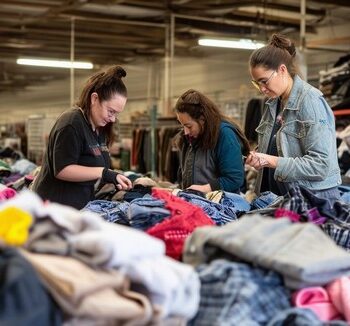 What cleaning processes do thrift stores use on donated clothes - Thrift store staff members sorting through piles of donated clothes, inspecting each item for quality and wearability.