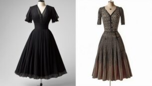 A side-by-side comparison of a 1920s day dress and a modern dress inspired by 1920s style