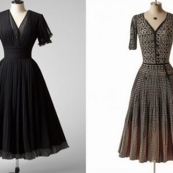 A side-by-side comparison of a 1920s day dress and a modern dress inspired by 1920s style