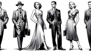 A montage of 1930s Hollywood stars like Greta Garbo, Marlene Dietrich, and Clark Gable, showcasing their influential fashion styles