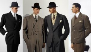 A side-by-side comparison of early and late 1930s men's suit silhouettes, showcasing the evolution of style