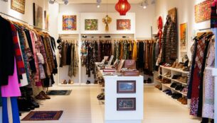 What Are The Best Charity Shops in London - Interior of Retromania in Pimlico, displaying high-end vintage couture and accessories