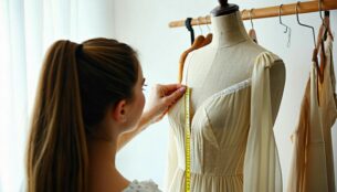 Thrift Shopping Tips UK - A woman using a measuring tape to measure a vintage dress hanging on a mannequin